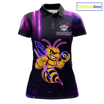 Neon funny bee 8 ball custom billiard polo shirt for women, personalized pool team jersey for tournaments.