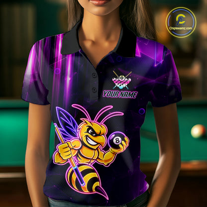 Woman wearing a neon funny bee 8 ball custom billiard jersey front view, personalized pool team shirt.