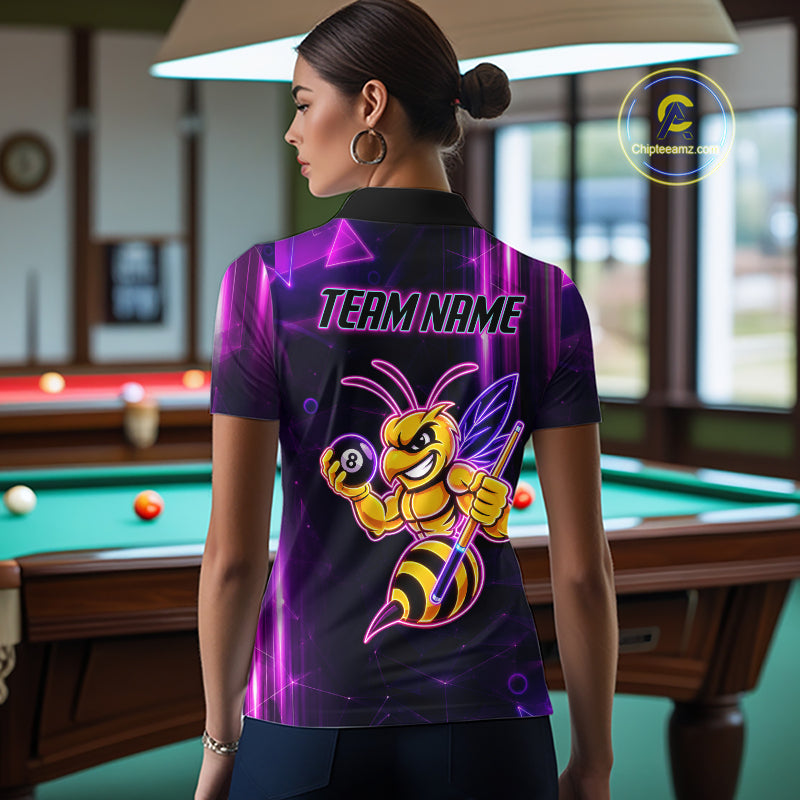 Back view of woman wearing a neon funny bee 8 ball billiard team jersey, custom pool tournament shirt.