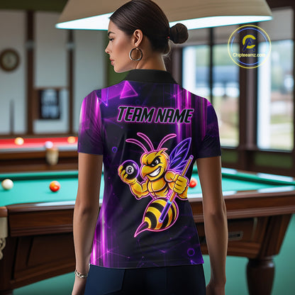 Back view of woman wearing a neon funny bee 8 ball billiard team jersey, custom pool tournament shirt.