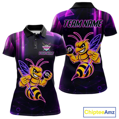 Neon funny bee 8 ball pool team polo shirt with custom billiard graphics, personalized billiard team jersey.
