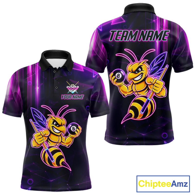 Neon funny bee 8 ball pool team polo shirt with custom billiard graphics, personalized billiard team jersey.