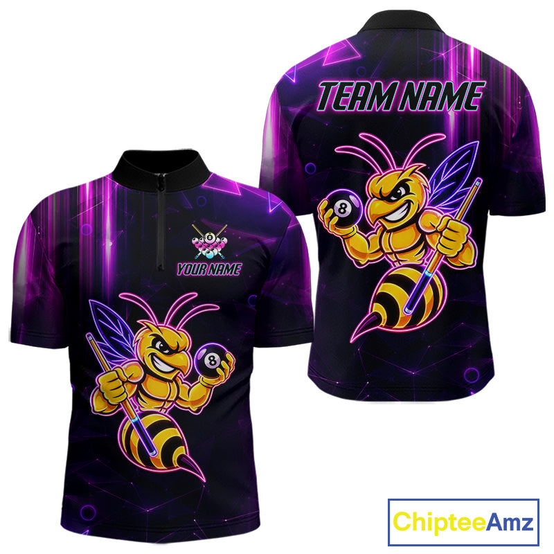 Neon funny bee 8 ball quarter zip billiard shirt for men, custom pool team jersey and tournament apparel.