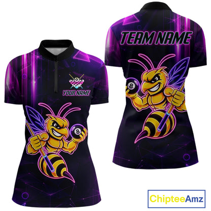 Neon funny bee 8 ball quarter zip billiard shirt for women, custom pool team jersey and tournament apparel.