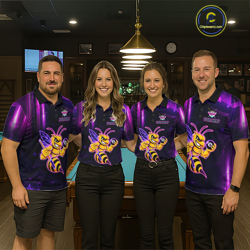 Pool team wearing matching neon funny bee 8 ball custom billiard jerseys during tournament competition front view.