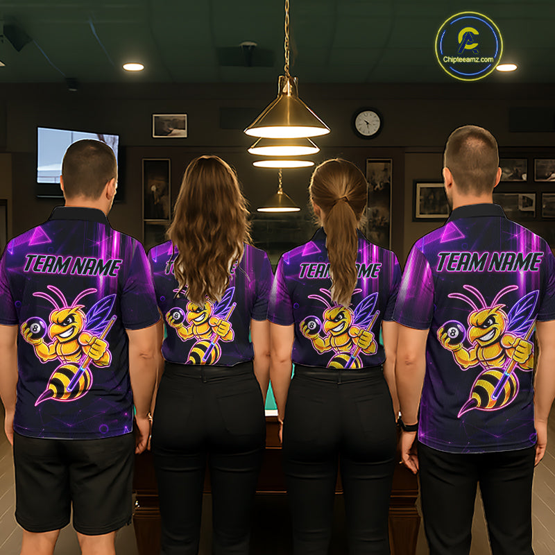 Back view of pool players wearing matching neon funny bee 8 ball billiard team shirts and custom pool jerseys.