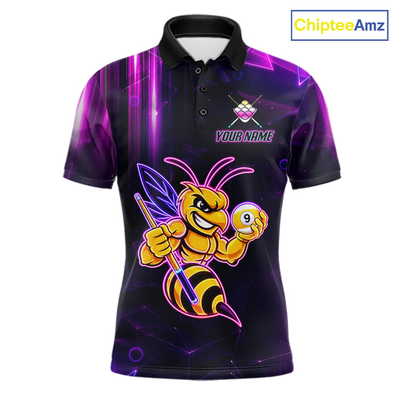 Neon funny bee 9 ball custom billiard polo shirt for men, personalized pool team jersey for tournaments.