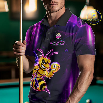 Man wearing a neon funny bee 9 ball custom billiard jersey front view, personalized pool team shirt.