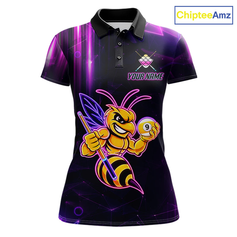 Neon funny bee 9 ball custom billiard polo shirt for women, personalized pool team jersey for tournaments.