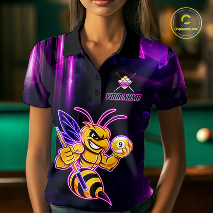 Woman wearing a neon funny bee 9 ball custom billiard jersey front view, personalized pool team shirt.