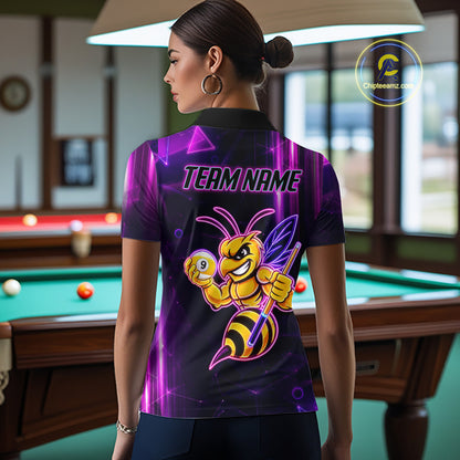Back view of woman wearing a neon funny bee 9 ball billiard team jersey, custom pool tournament shirt.