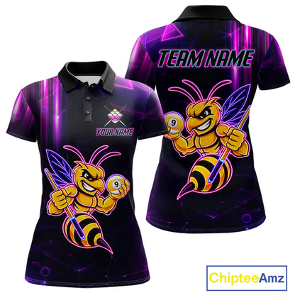 Neon funny bee 9 ball pool team polo shirt with custom billiard graphics, personalized billiard team jersey.