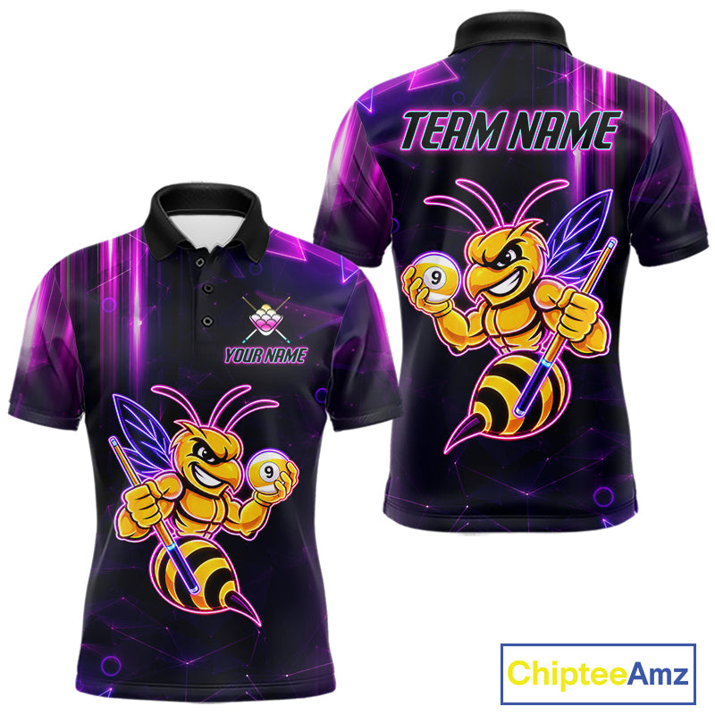 Neon funny bee 9 ball pool team polo shirt with custom billiard graphics, personalized billiard team jersey.