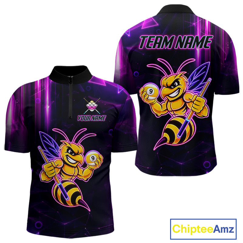 Neon funny bee 9 ball quarter zip billiard shirt for men, custom pool team jersey and tournament apparel.