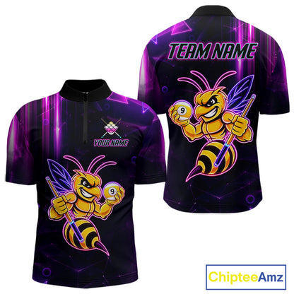 Neon funny bee 9 ball quarter zip billiard shirt for men, custom pool team jersey and tournament apparel.