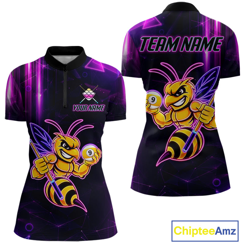Neon funny bee 9 ball quarter zip billiard shirt for women, custom pool team jersey and tournament apparel.