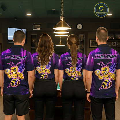 Back view of pool players wearing matching neon funny bee 9 ball billiard team shirts and custom pool jerseys.