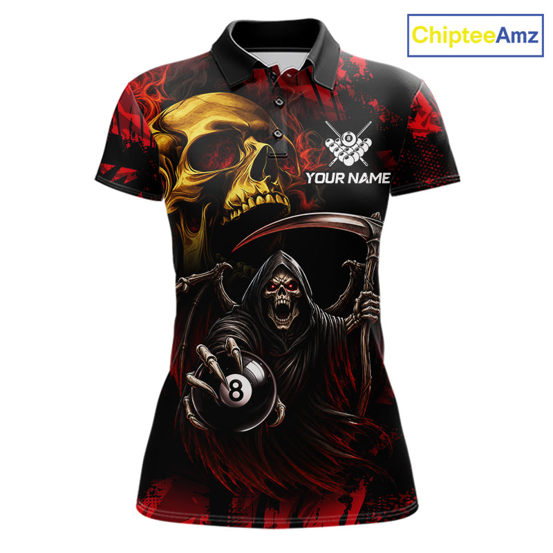 Red Grim Reaper Skull 8 Ball Billiard Pool Polo Shirt Featuring Striking Skull Artwork for Pool League Players, Team Competition, and Tournament Matches