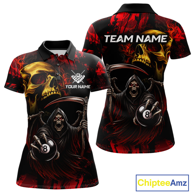 Custom Red Grim Reaper Skull 8 Ball Pool Polo Shirt Designed for Personalized Billiard Team Jerseys with Athletic Performance and Premium League Style