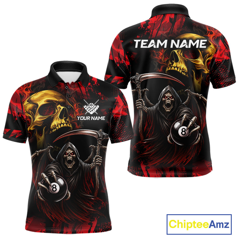 Custom Red Grim Reaper Skull 8 Ball Pool Polo Shirt Designed for Personalized Billiard Team Jerseys with Athletic Performance and Premium League Style