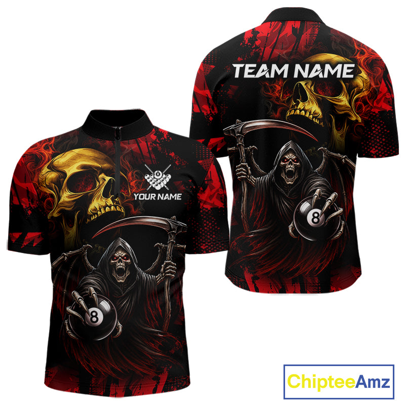 Red Grim Reaper Skull 8 Ball Quarter Zip Billiard Shirt Created for Pool League Teams with Performance Fabric and Custom Tournament Jersey Design