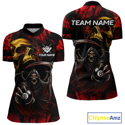 Red Grim Reaper Skull 8 Ball Quarter Zip Billiard Shirt Created for Pool League Teams with Performance Fabric and Custom Tournament Jersey Design