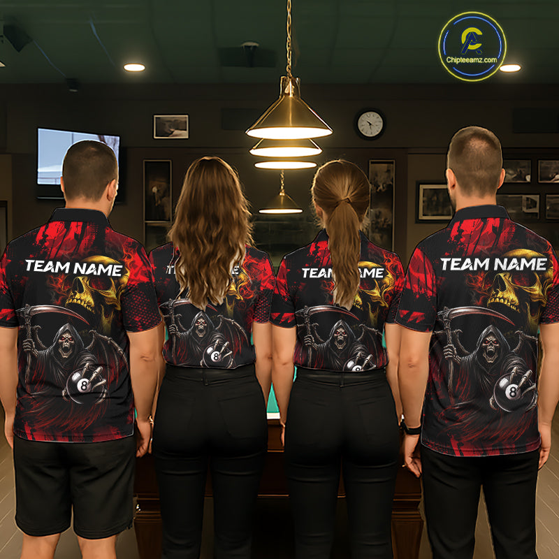 Pool Team Wearing Red Grim Reaper Skull 8 Ball Custom Billiard Team Jerseys Featuring the Complete Back Graphic, Back View