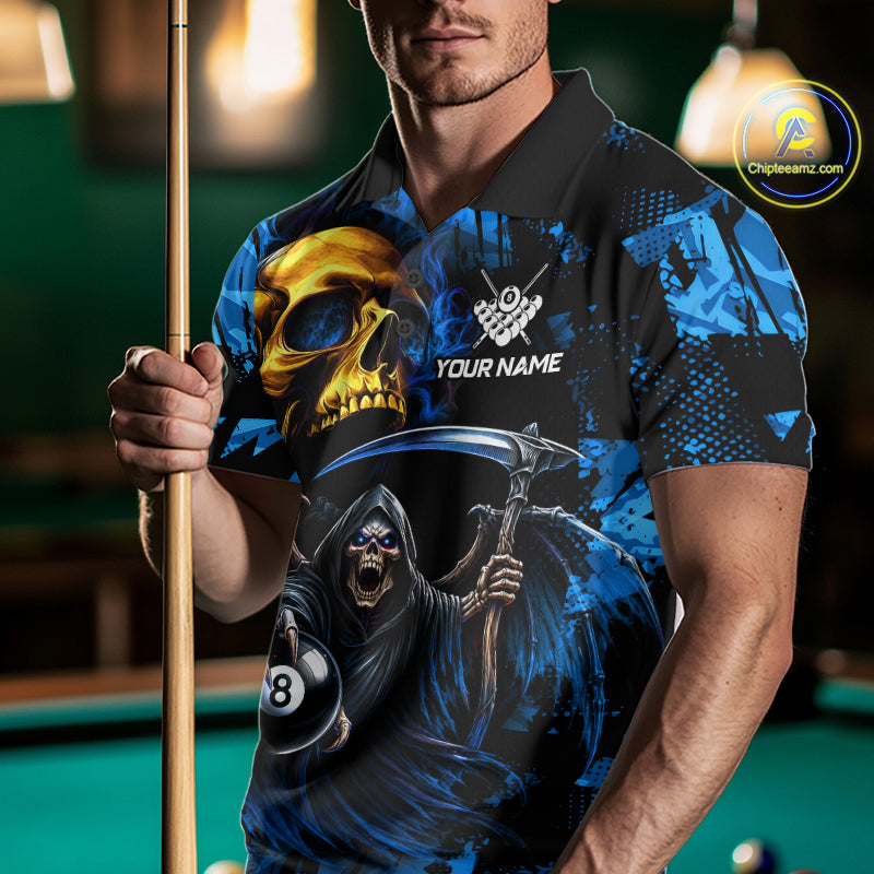 Man Wearing Blue Grim Reaper Skull 8 Ball Billiard Polo Shirt with Athletic Performance Fit and Bold Skull Graphic Artwork, Front View