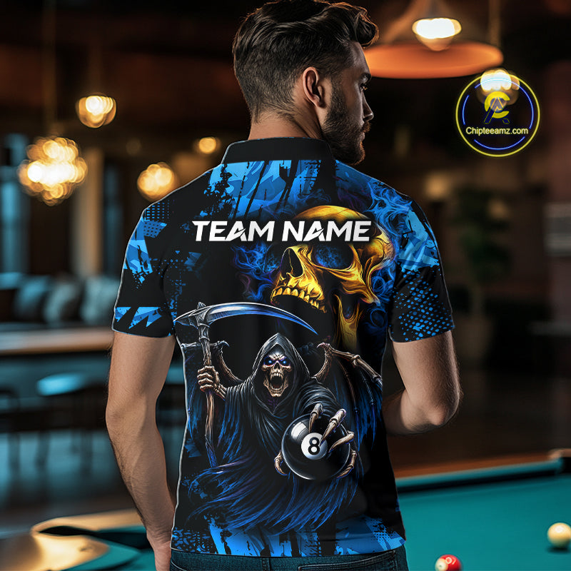 Man Wearing Blue Grim Reaper Skull 8 Ball Custom Billiard League Team Jersey Featuring the Complete Rear Graphic Design, Back View
