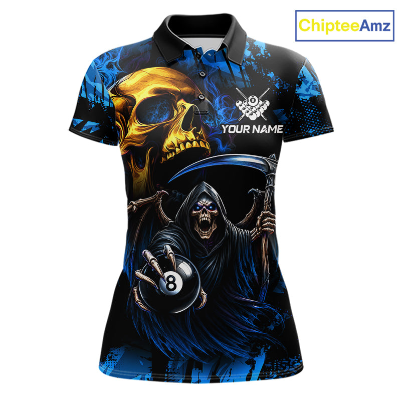 Blue Grim Reaper Skull 8 Ball Billiard Pool Polo Shirt Featuring Bold Skull Artwork for Pool League Players, Tournament Competition, and Custom Team Jerseys