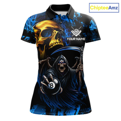 Blue Grim Reaper Skull 8 Ball Billiard Pool Polo Shirt Featuring Bold Skull Artwork for Pool League Players, Tournament Competition, and Custom Team Jerseys