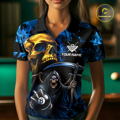 Woman Wearing Blue Grim Reaper Skull 8 Ball Billiard Polo Shirt with Athletic Performance Fit and Bold Skull Graphic Artwork, Front View
