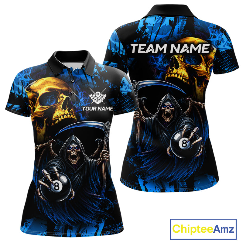Custom Blue Grim Reaper Skull 8 Ball Pool Polo Shirt Designed for Billiard League Teams with Premium Athletic Performance and Eye Catching Graphic Design