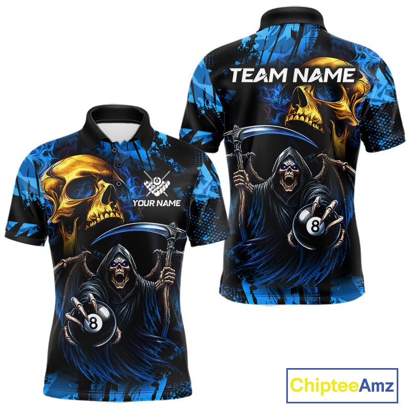 Custom Blue Grim Reaper Skull 8 Ball Pool Polo Shirt Designed for Billiard League Teams with Premium Athletic Performance and Eye Catching Graphic Design