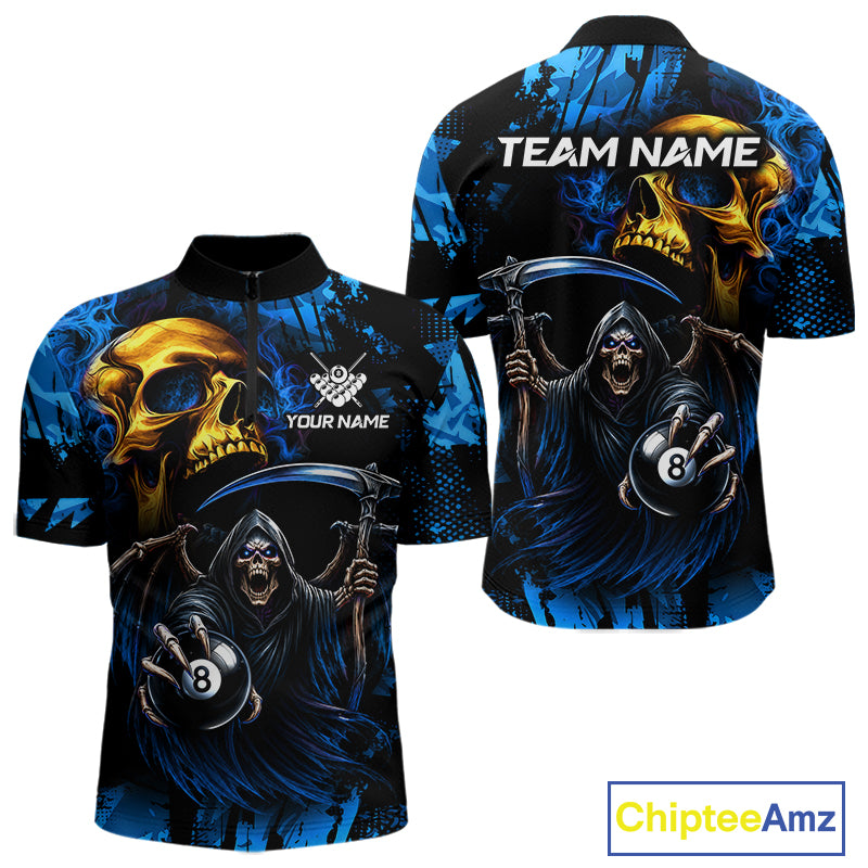 Blue Grim Reaper Skull 8 Ball Quarter Zip Billiard Shirt Created for Competitive Pool League Players with Custom Team Jersey Style and Performance Fabric