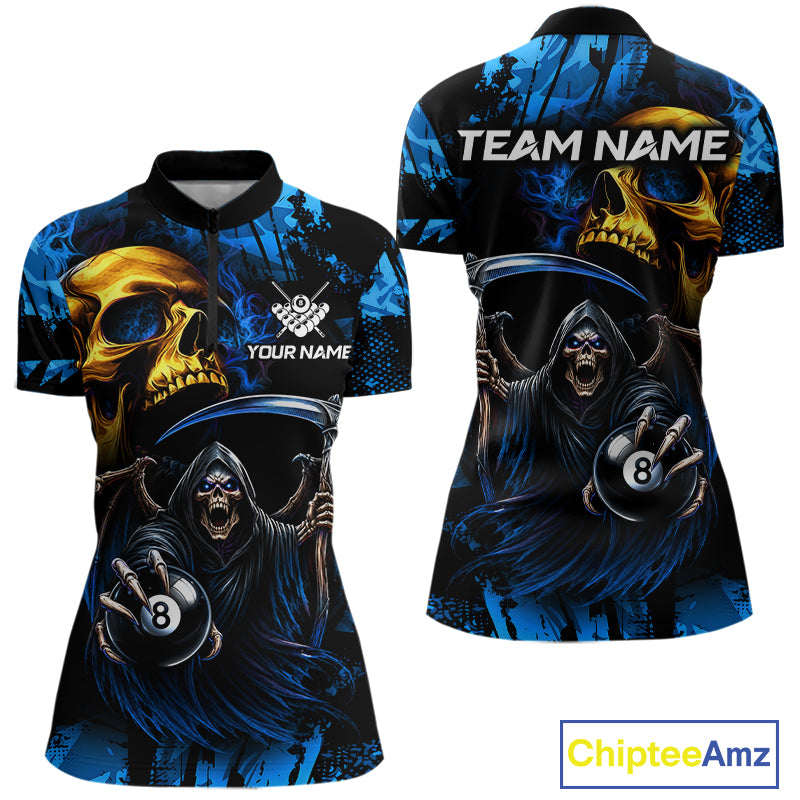 Blue Grim Reaper Skull 8 Ball Quarter Zip Billiard Shirt Created for Competitive Pool League Players with Custom Team Jersey Style and Performance Fabric