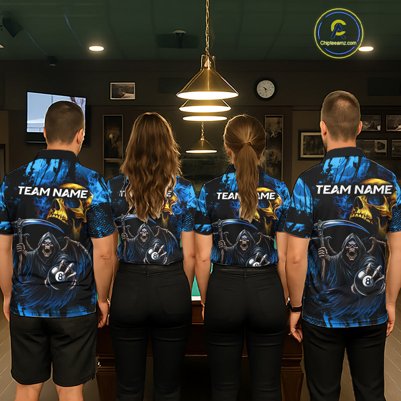 Pool Team Wearing Blue Grim Reaper Skull 8 Ball Custom Billiard League Jerseys Featuring the Complete Back Artwork, Back View
