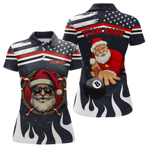 Personalized Funny Christmas Shirts Santa Playing Billiard Custom US Flag Fire Women Polo Shirts TDM0617