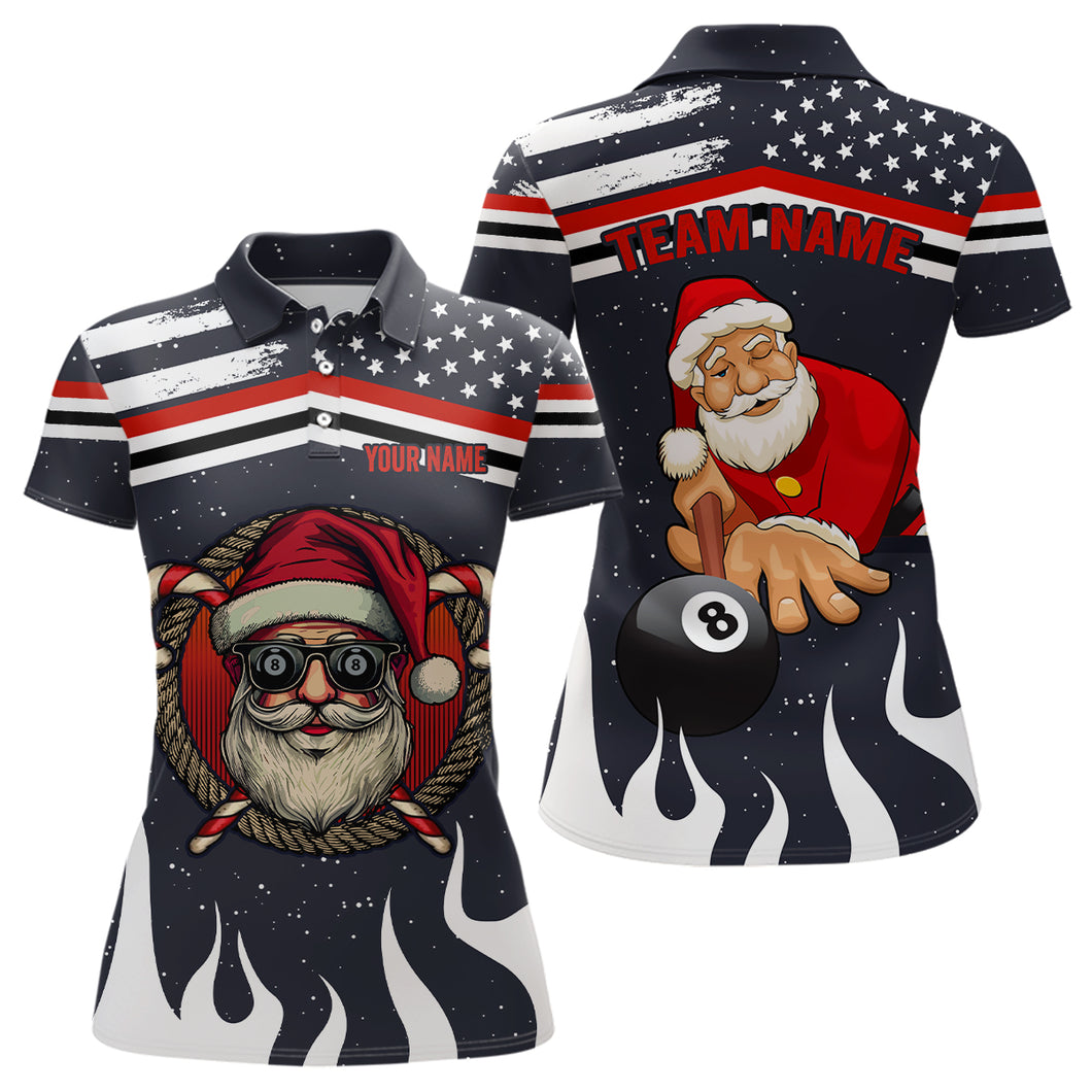 Personalized Funny Christmas Shirts Santa Playing Billiard Custom US Flag Fire Women Polo Shirts TDM0617
