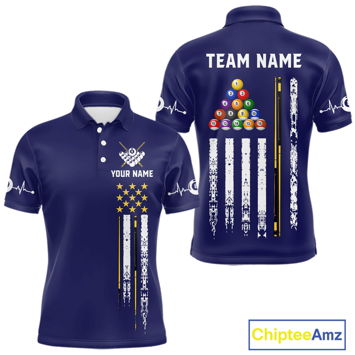 Navy blue polo shirt with personalized text, featuring pool ball design and American flag.