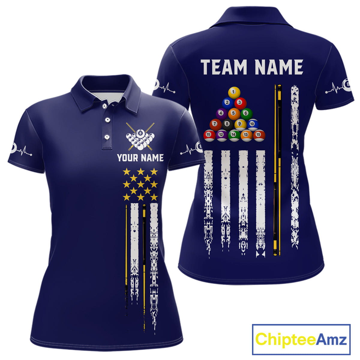 Customized Navy Blue American Flag Billiard Shirt For Women, 8 Ball Pool Team Jersey Polo & 1/4 Zip TDM6586