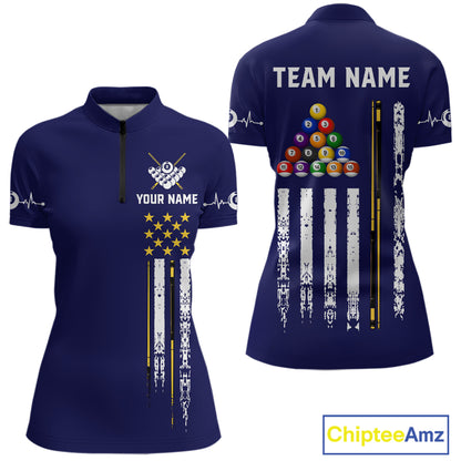Customized Navy Blue American Flag Billiard Shirt For Women, 8 Ball Pool Team Jersey Polo & 1/4 Zip TDM6586