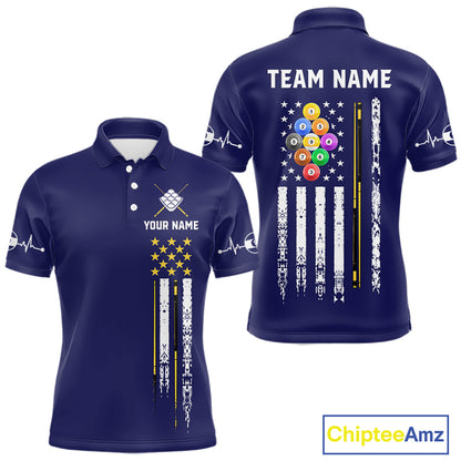 Navy Blue American Flag 9 Ball Billiard Polo Shirt with Customizable Name and Team Name