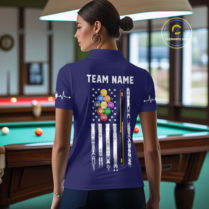 Customized Navy Blue American Flag Billiard Shirt For Women, 9 Ball Pool Team Jersey Polo & 1/4 Zip TDM6587