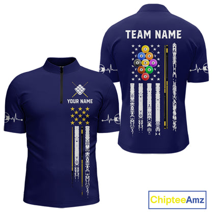 Customized Navy Blue American Flag Billiard Shirt For Men, 9 Ball Pool Team Jersey Polo & 1/4 Zip TDM6587