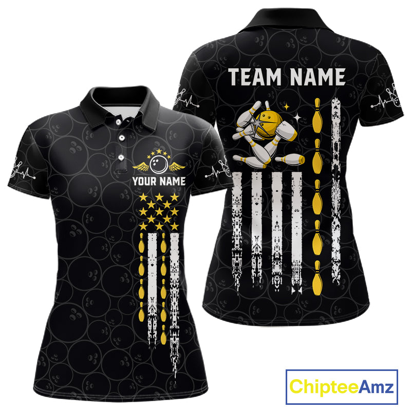 American Flag Black Bowling Shirts For Women Custom Patriotic Bowling Team Jersey Polo & 1/4 Zip TDM6588