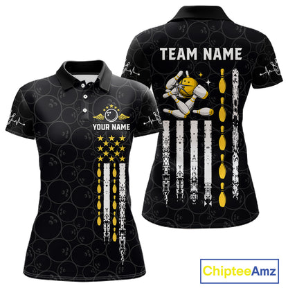 American Flag Black Bowling Shirts For Women Custom Patriotic Bowling Team Jersey Polo & 1/4 Zip TDM6588