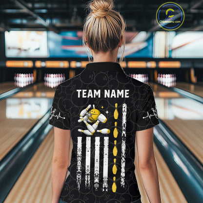 American Flag Black Bowling Shirts For Women Custom Patriotic Bowling Team Jersey Polo & 1/4 Zip TDM6588