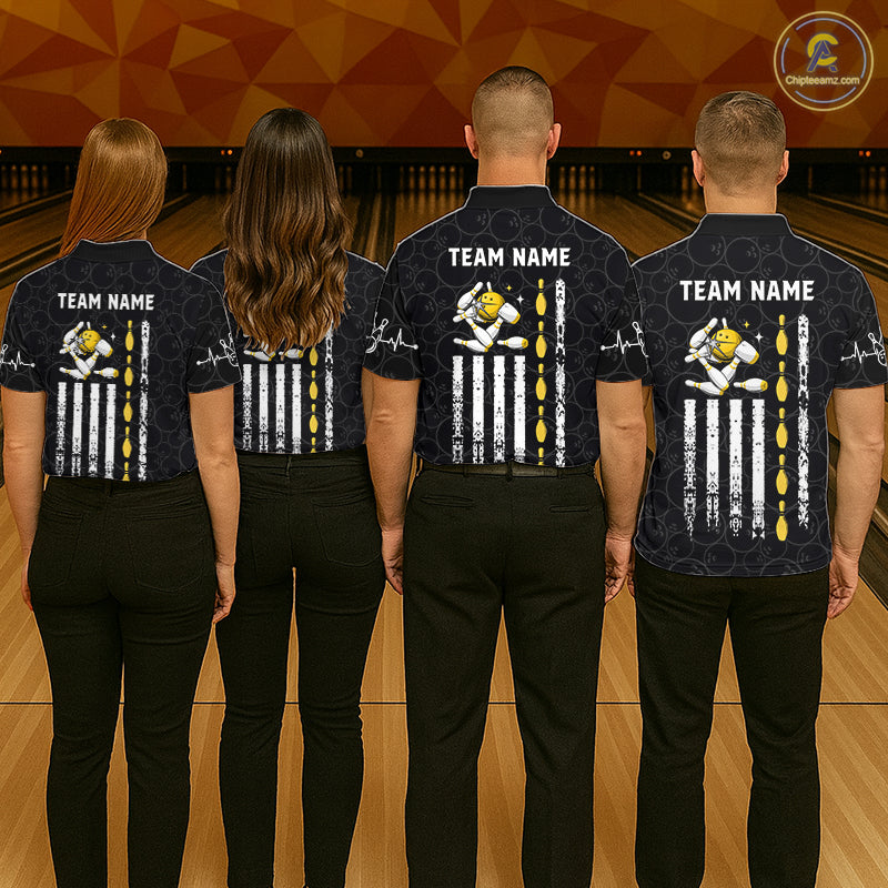 American Flag Black Bowling Shirts For Men Custom Patriotic Bowling Team Jersey Polo & 1/4 Zip TDM6588