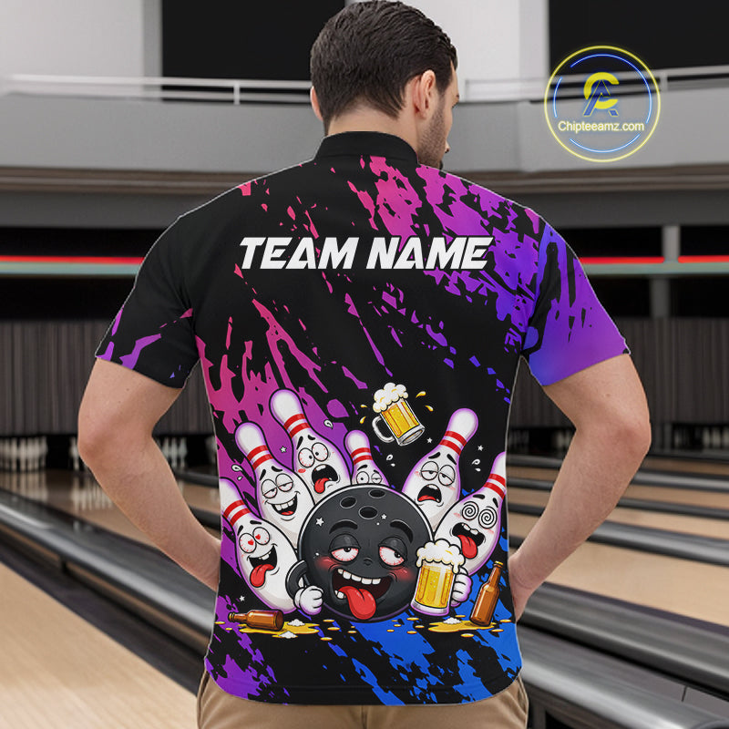 Custom Blue Purple Drunk Bowling Balls And Pins Funny Bowling Shirts For Men, Beer Bowling Jersey TDM6596